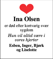 Dødsannoncen for Ina Olsen - sønderborg gråsten
