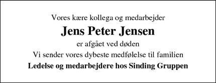 Dødsannoncen for Jens Peter Jensen - Skanderborg