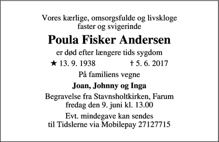 Dødsannoncen for Poula Fisker Andersen - Farum