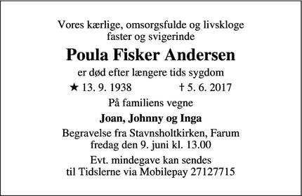 Dødsannoncen for Poula Fisker Andersen - Farum