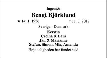 Dødsannoncen for Bengt Björklund - Holstebro og Vejle