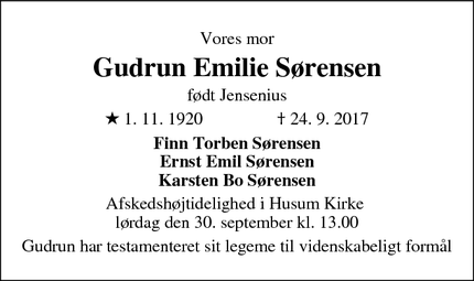 Dødsannoncen for Gudrun Emilie Sørensen - 2700 Brønshøj