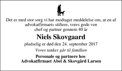 Dødsannoncen for Niels Skovgaard - Højbjerg