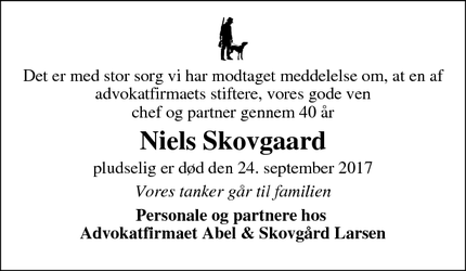 Dødsannoncen for Niels Skovgaard - Højbjerg