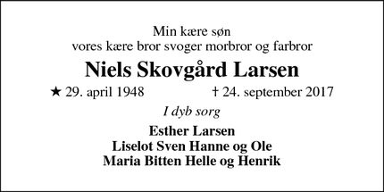 Dødsannoncen for Niels Skovgård Larsen - Aarhus