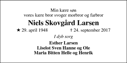 Dødsannoncen for Niels Skovgård Larsen - Aarhus