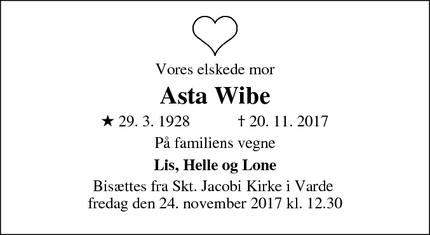 Dødsannoncen for Asta Wibe - Varde