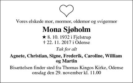 Dødsannoncen for Mona Sjøholm - Odense