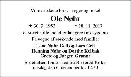 Dødsannoncen for Ole Nøhr - Birkerød