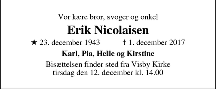 Dødsannoncen for Erik Nicolaisen - Visby, 6261 Bredebro