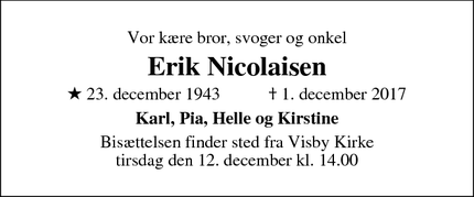 Dødsannoncen for Erik Nicolaisen - Visby, 6261 Bredebro