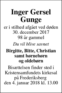 Dødsannoncen for Inger Gersel Gunge - Hørsholm