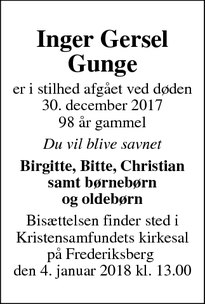 Dødsannoncen for Inger Gersel Gunge - Hørsholm