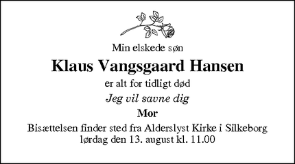 Dødsannoncen for Klaus Vangsgaard Hansen - Silkeborg
