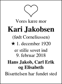 Dødsannoncen for Kari Jakobsen - Aarhus