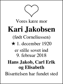 Dødsannoncen for Kari Jakobsen - Aarhus
