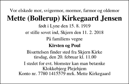 Dødsannoncen for Mette (Bollerup) Kirkegaard Jensen - Brønderslev