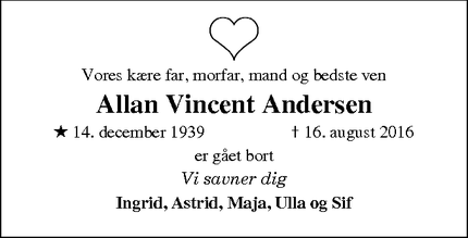 Dødsannoncen for Allan Vincent Andersen - Skanderborg