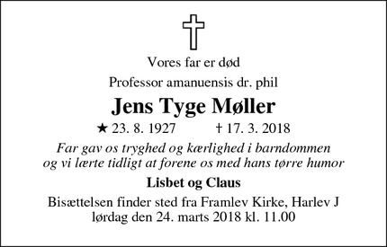 Dødsannoncen for Jens Tyge Møller - Aarhus