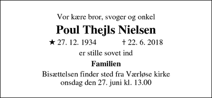 Dødsannoncen for Poul Thejls Nielsen - Værløse