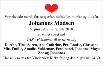 Dødsannoncen for Johannes Madsen - Lystrup