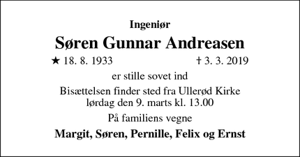 Dødsannoncen for Søren Gunnar Andreasen - Hillerød