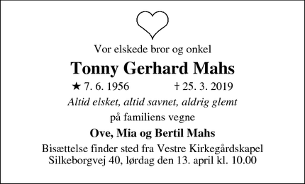 Dødsannoncen for Tonny Gerhard Mahs - Juelsminde