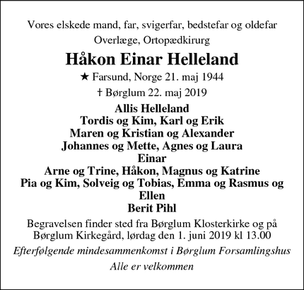 Dødsannoncen for Håkon Einar Helleland - Børglum