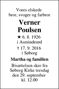 Dødsannoncen for Verner Poulsen - Søborg