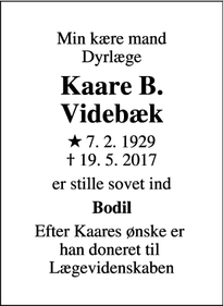 Dødsannoncen for Kaare B. Videbæk - Struer