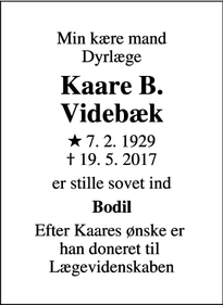 Dødsannoncen for   Kaare B. Videbæk - Struer