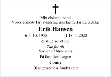 Dødsannoncen for Erik Hansen - Snertinge