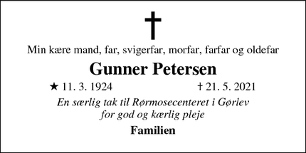 Dødsannoncen for Gunner Petersen - 4593 eskebjerg