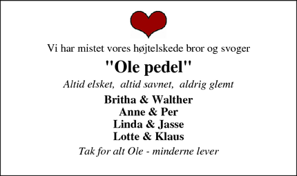 Dødsannoncen for "Ole pedel" - Kalundborg