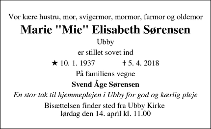 Dødsannoncen for Marie "Mie" Elisabeth Sørensen - Ubby