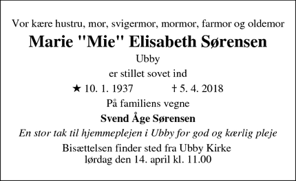 Dødsannoncen for Marie "Mie" Elisabeth Sørensen - Ubby