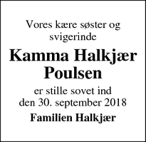 Dødsannoncen for  Kamma Halkjær Poulsen - Tim