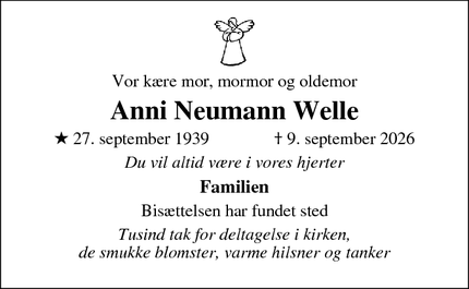 Dødsannoncen for Anni Neumann Welle - Frederikshavn