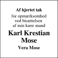 Taksigelsen for  Karl Krestian Mose - 7620 Lemvig