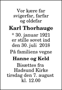 Dødsannoncen for  Karl Thorhauge - Hadsund