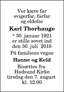 Dødsannoncen for Karl Thorhauge - Hadsund