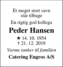 Dødsannoncen for Peder Hansen - Langeskov