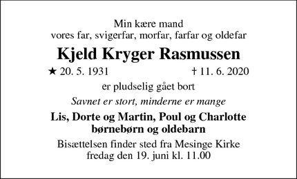 Dødsannoncen for Kjeld Kryger Rasmussen - Bregnør