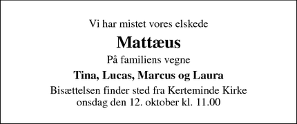 Dødsannoncen for Mattæus - Kerteminde