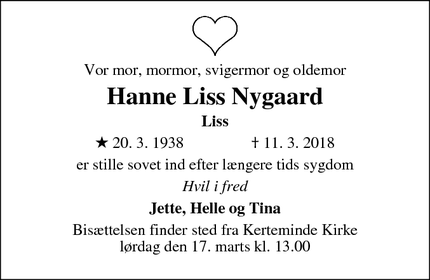 Dødsannoncen for Hanne Liss Nygaard - Kerteminde