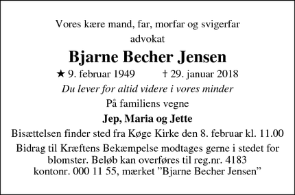 Dødsannoncen for Bjarne Becher Jensen - Køge