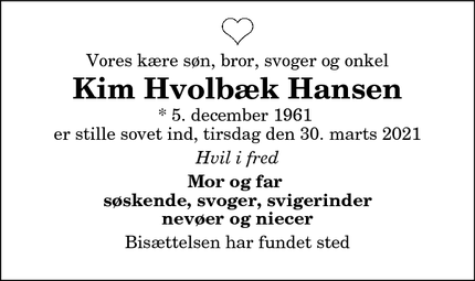 Dødsannoncen for  Kim Hvolbæk Hansen - Aalborg