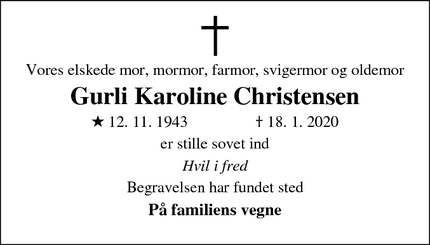 Dødsannoncen for Gurli Karoline Christensen - Ans
