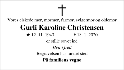 Dødsannoncen for Gurli Karoline Christensen - Ans