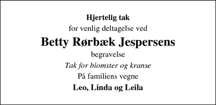 Taksigelsen for  Betty Rørbæk Jespersens - Kjellerup